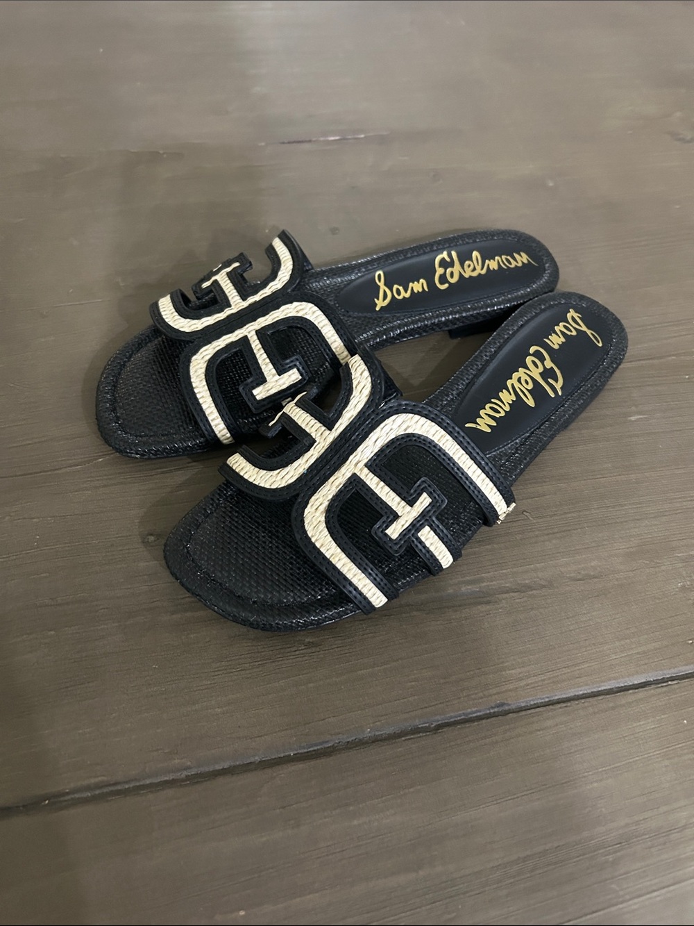 Sam Edelman Black and Cream Logo Slide Mules